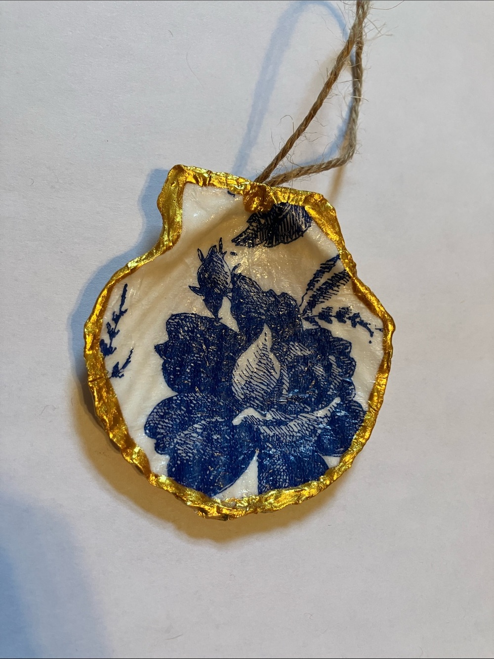 Handcrafted Seashell Ornament Blue Rose Floral Decoupage 3 inch